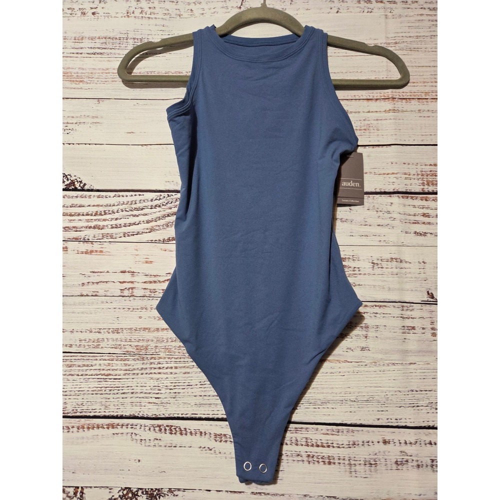 Auden Luxe Stretch Fully Lined Bodysuit Dark Blue Sleeveless Thong Small NEW